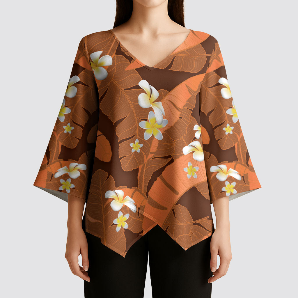 Orange Banana Leaf Hawaii Kimono Sleeve Blouse Lau Maia Plumeria Tropical Summer Vibes LT14 - Polynesian Pride