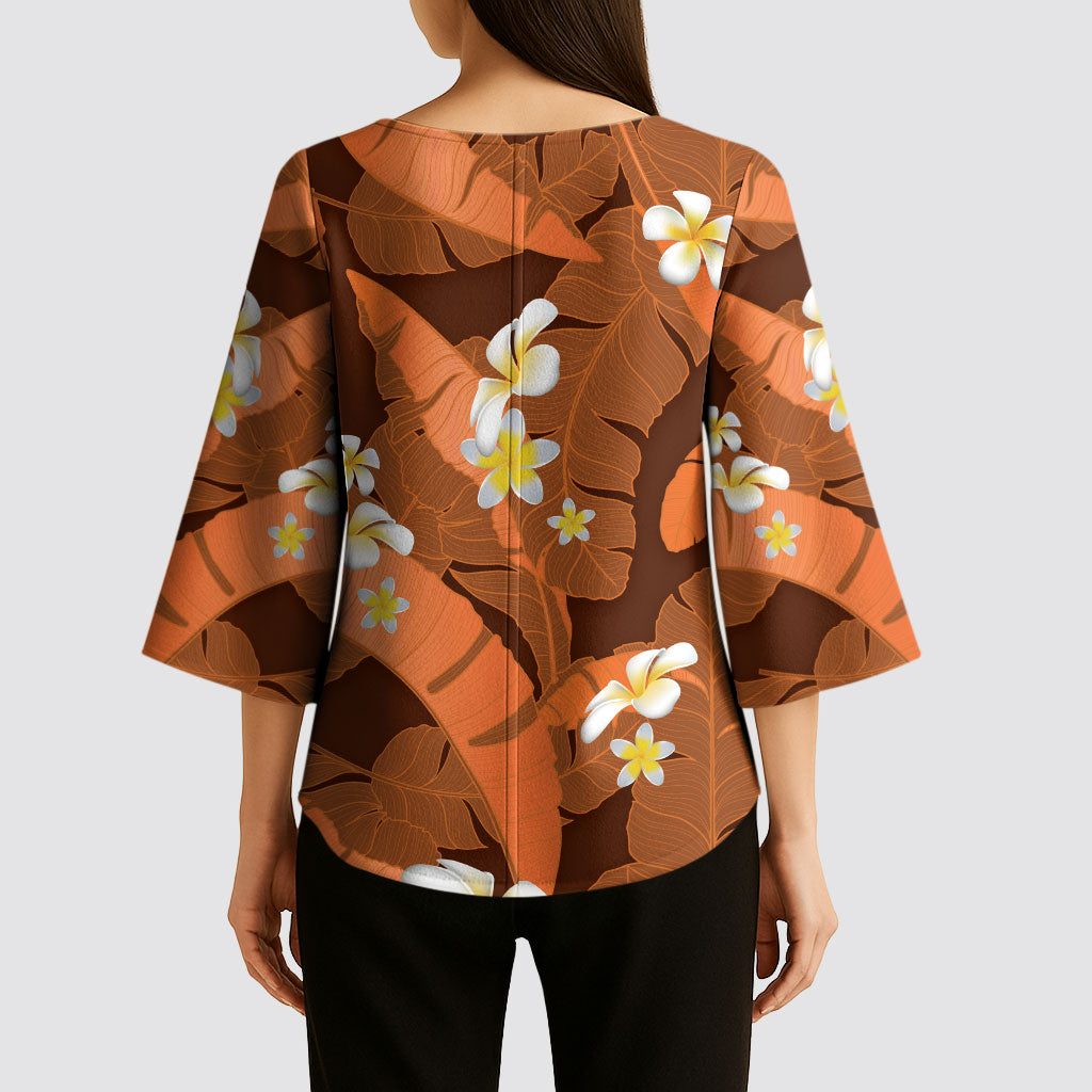 Orange Banana Leaf Hawaii Kimono Sleeve Blouse Lau Maia Plumeria Tropical Summer Vibes LT14 - Polynesian Pride