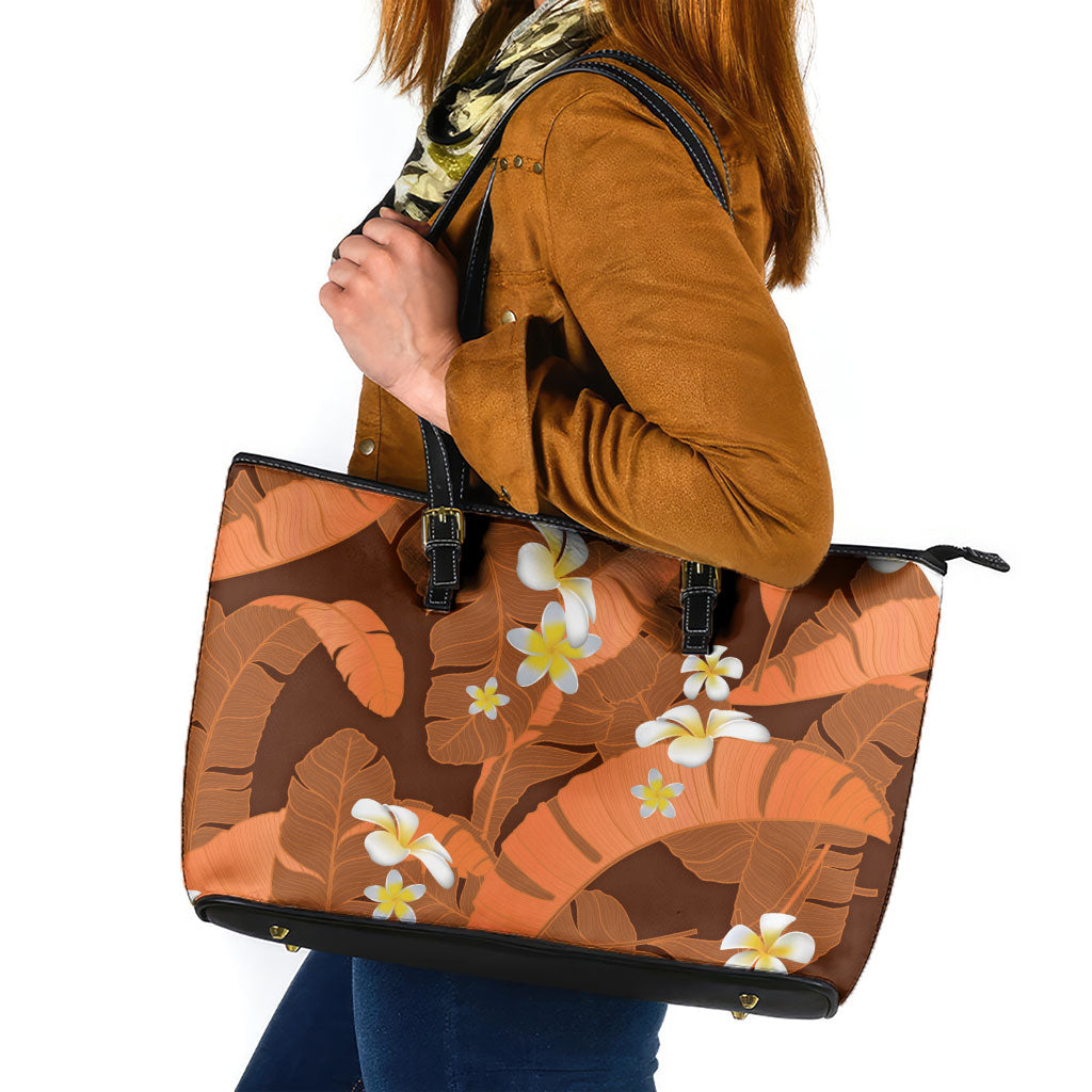 Orange Banana Leaf Hawaii Leather Tote Bag Lau Maia Plumeria Tropical Summer Vibes LT14 Orange - Polynesian Pride