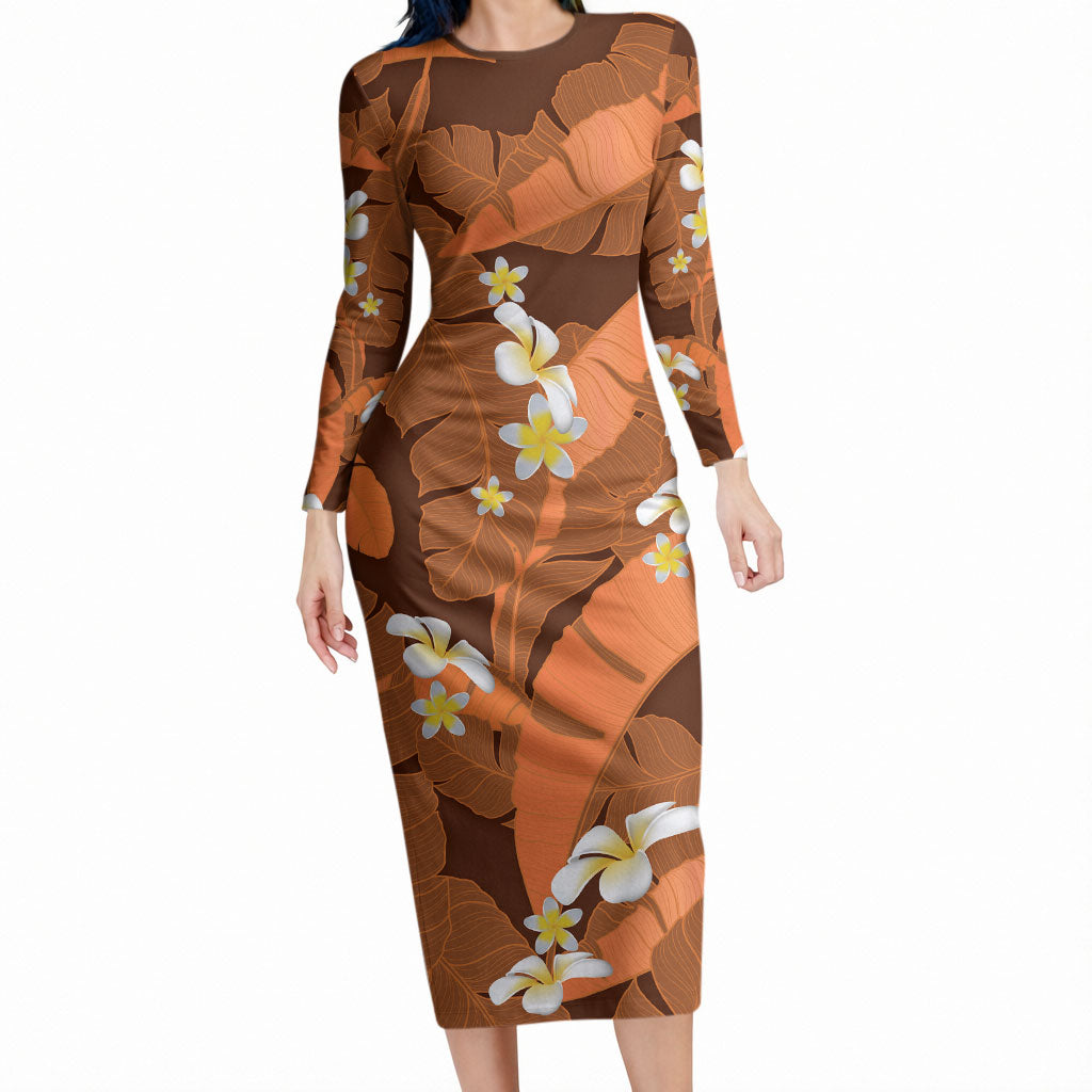 Orange Banana Leaf Hawaii Long Sleeve Bodycon Dress Lau Maia Plumeria Tropical Summer Vibes LT14 Long Dress Orange - Polynesian Pride