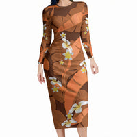 Orange Banana Leaf Hawaii Long Sleeve Bodycon Dress Lau Maia Plumeria Tropical Summer Vibes LT14 Long Dress Orange - Polynesian Pride