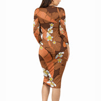 Orange Banana Leaf Hawaii Long Sleeve Bodycon Dress Lau Maia Plumeria Tropical Summer Vibes LT14 - Polynesian Pride