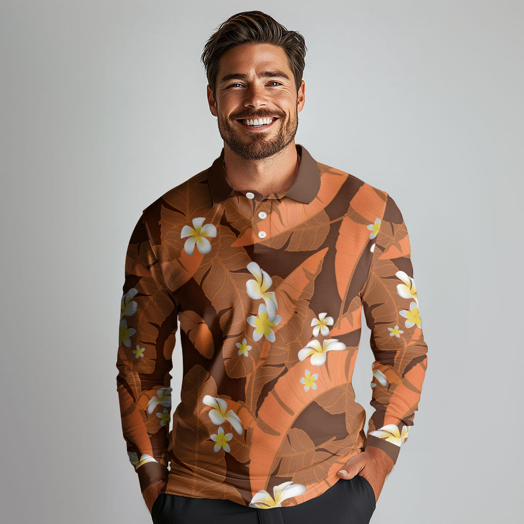 Orange Banana Leaf Hawaii Long Sleeve Polo Shirt Lau Maia Plumeria Tropical Summer Vibes LT14 - Polynesian Pride