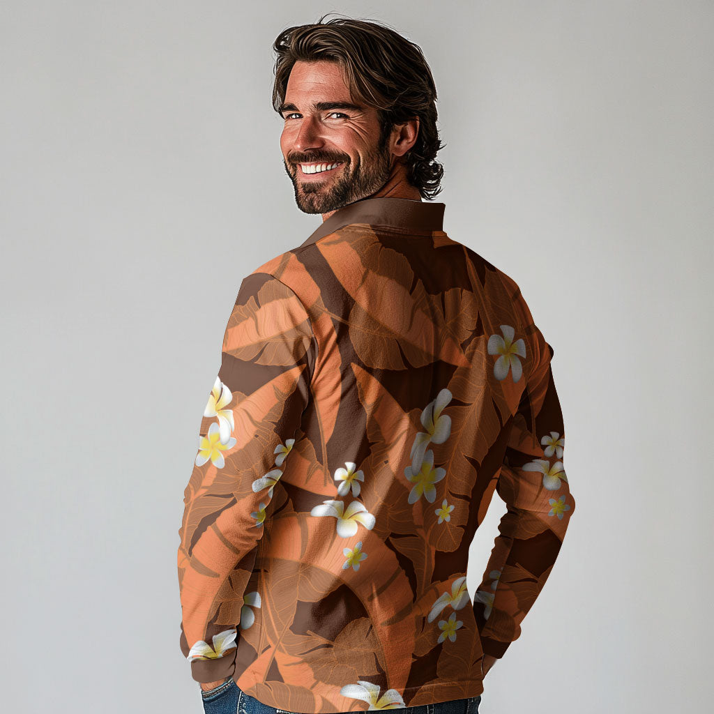 Orange Banana Leaf Hawaii Long Sleeve Polo Shirt Lau Maia Plumeria Tropical Summer Vibes LT14 - Polynesian Pride
