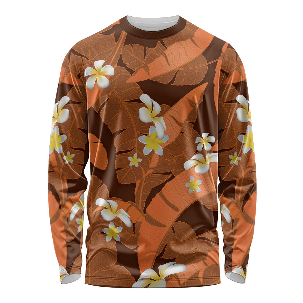 Orange Banana Leaf Hawaii Long Sleeve Shirt Lau Maia Plumeria Tropical Summer Vibes LT14 Unisex Orange - Polynesian Pride