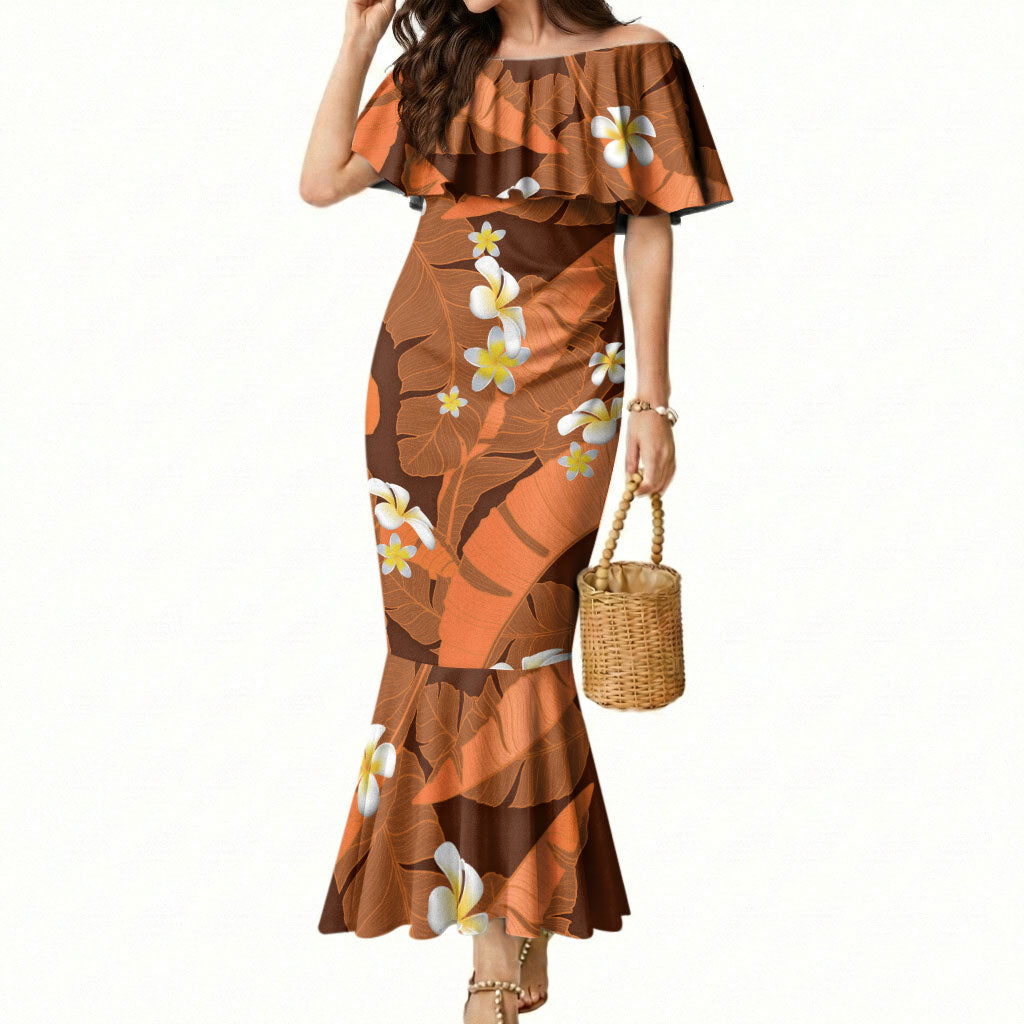 Orange Banana Leaf Hawaii Mermaid Dress Lau Maia Plumeria Tropical Summer Vibes LT14 Women Orange - Polynesian Pride