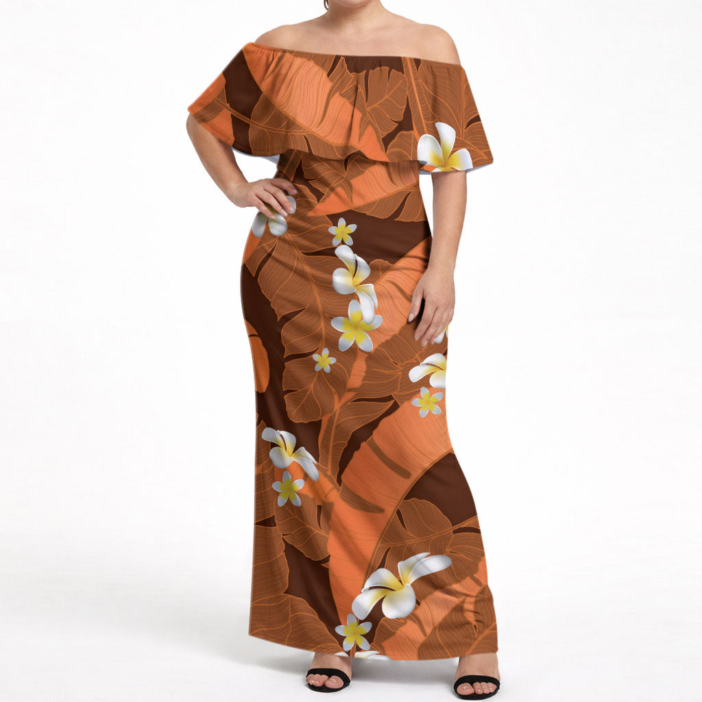Orange Banana Leaf Hawaii Off Shoulder Maxi Dress Lau Maia Plumeria Tropical Summer Vibes LT14 Women Orange - Polynesian Pride