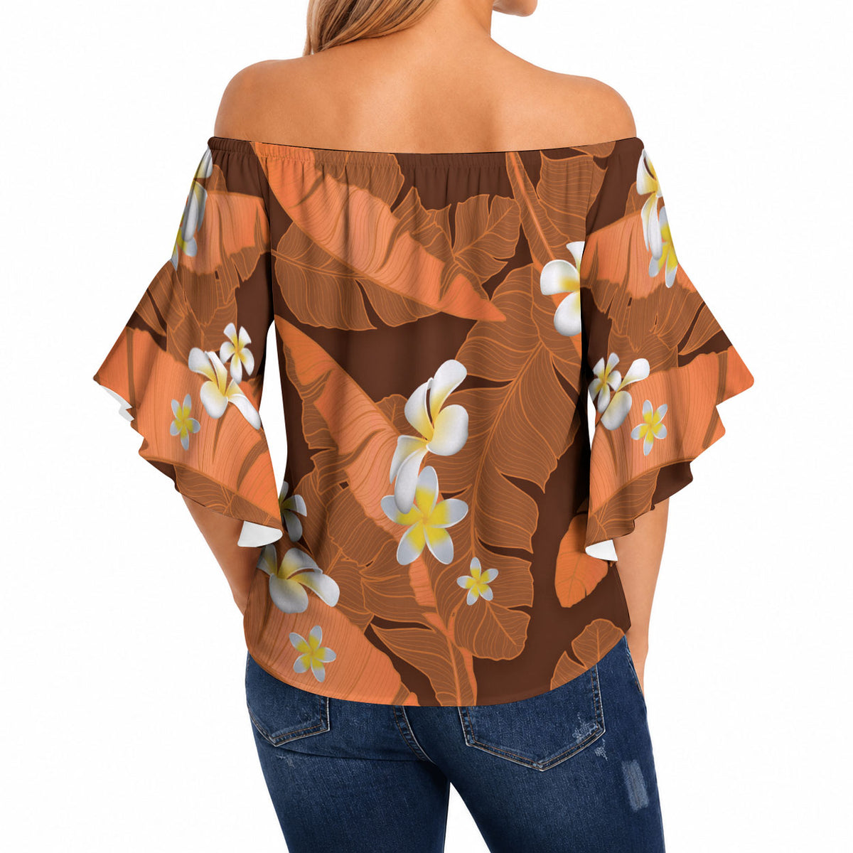 Orange Banana Leaf Hawaii Off Shoulder Wrap Waist Top Lau Maia Plumeria Tropical Summer Vibes LT14 - Polynesian Pride