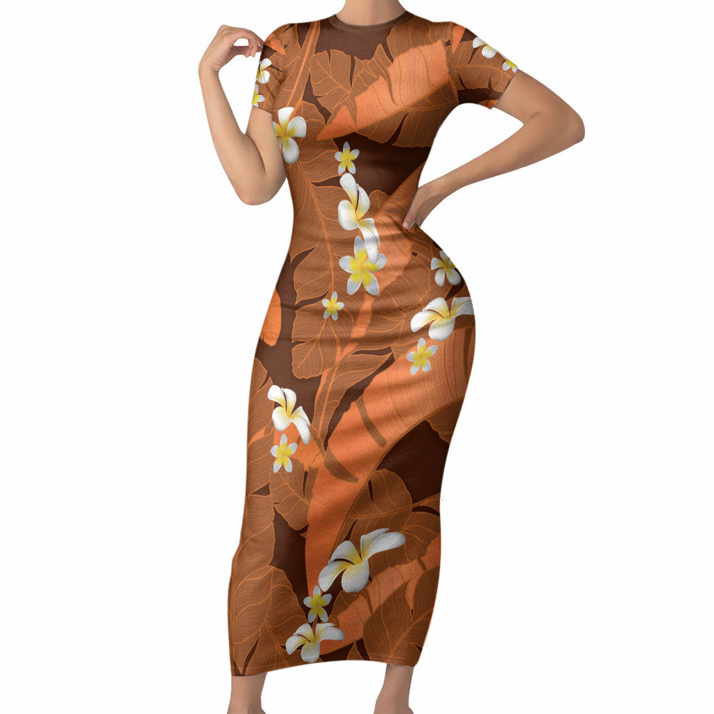 Orange Banana Leaf Hawaii Short Sleeve Bodycon Dress Lau Maia Plumeria Tropical Summer Vibes LT14 Long Dress Orange - Polynesian Pride