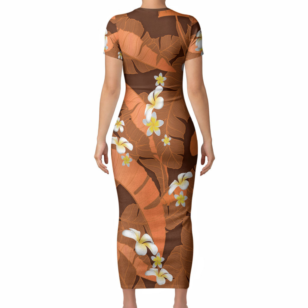 Orange Banana Leaf Hawaii Short Sleeve Bodycon Dress Lau Maia Plumeria Tropical Summer Vibes LT14 - Polynesian Pride