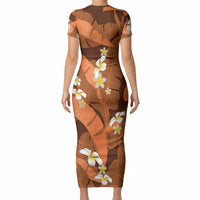 Orange Banana Leaf Hawaii Short Sleeve Bodycon Dress Lau Maia Plumeria Tropical Summer Vibes LT14 - Polynesian Pride