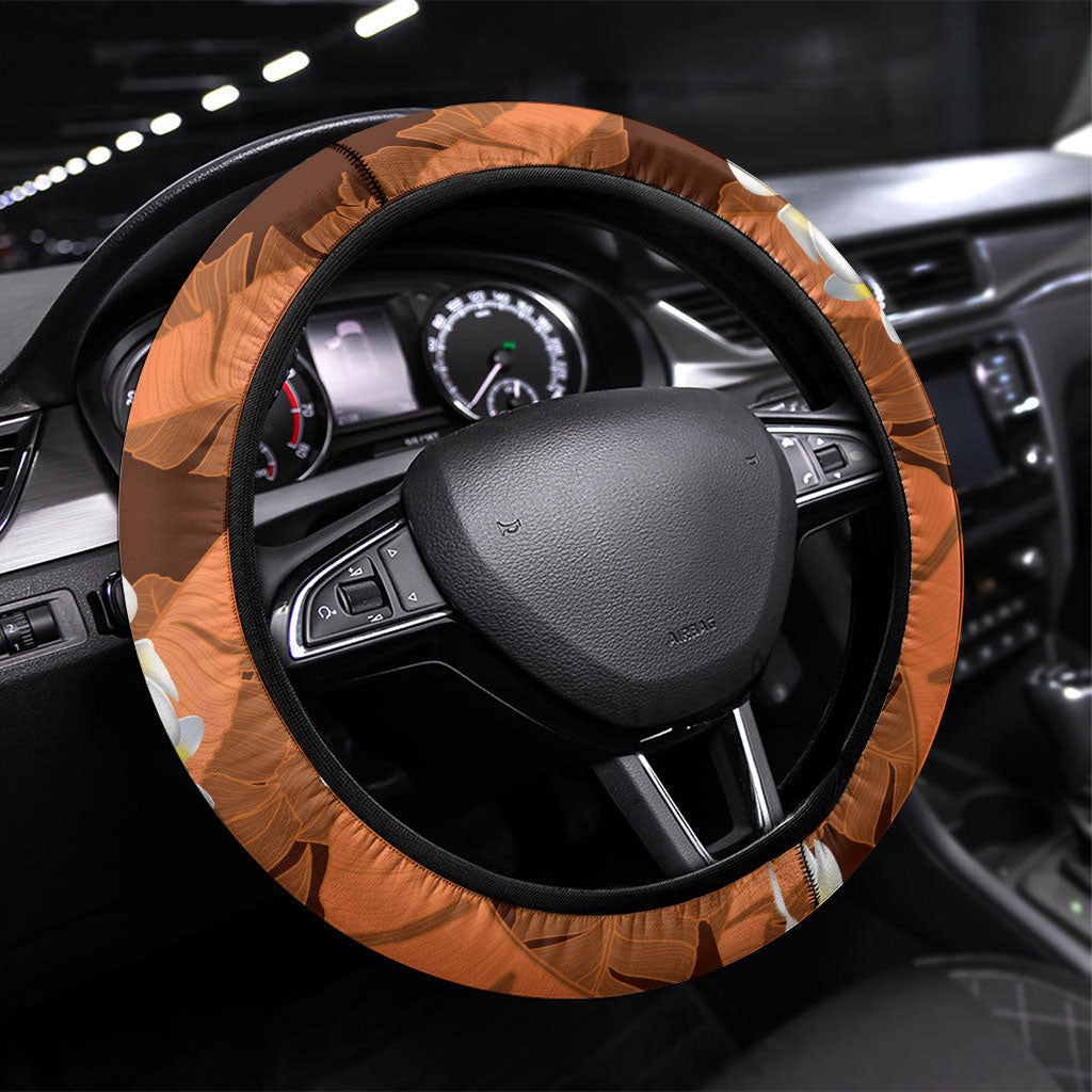 Orange Banana Leaf Hawaii Steering Wheel Cover Lau Maia Plumeria Tropical Summer Vibes LT14 Universal Fit Orange - Polynesian Pride