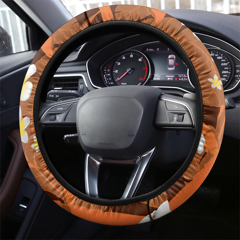 Orange Banana Leaf Hawaii Steering Wheel Cover Lau Maia Plumeria Tropical Summer Vibes LT14 - Polynesian Pride