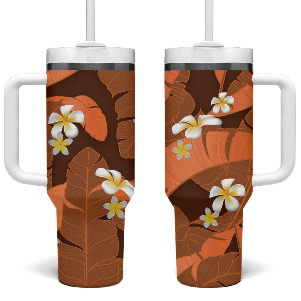 Orange Banana Leaf Hawaii Tumbler With Handle Lau Maia Plumeria Tropical Summer Vibes LT14 One Size: 40 oz Orange - Polynesian Pride