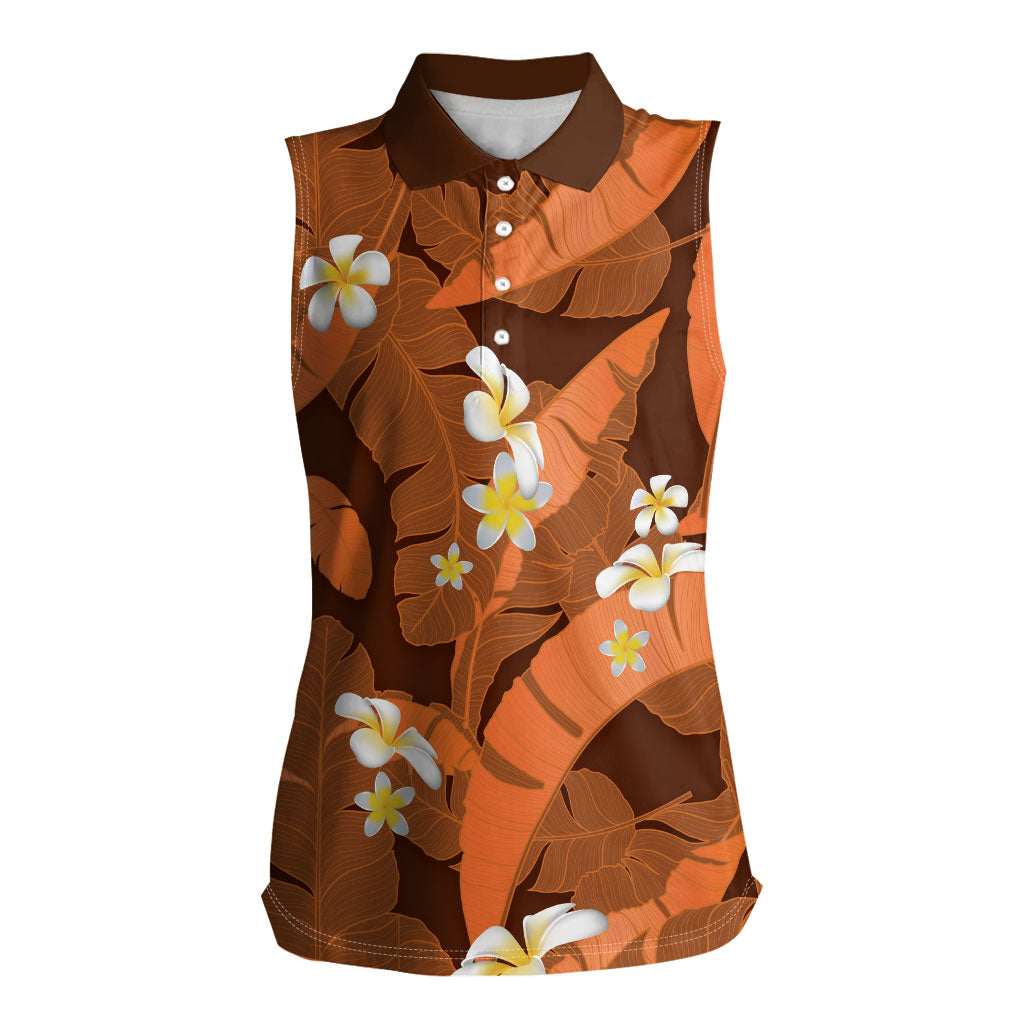 Orange Banana Leaf Hawaii Women Sleeveless Polo Shirt Lau Maia Plumeria Tropical Summer Vibes LT14 Female Orange - Polynesian Pride