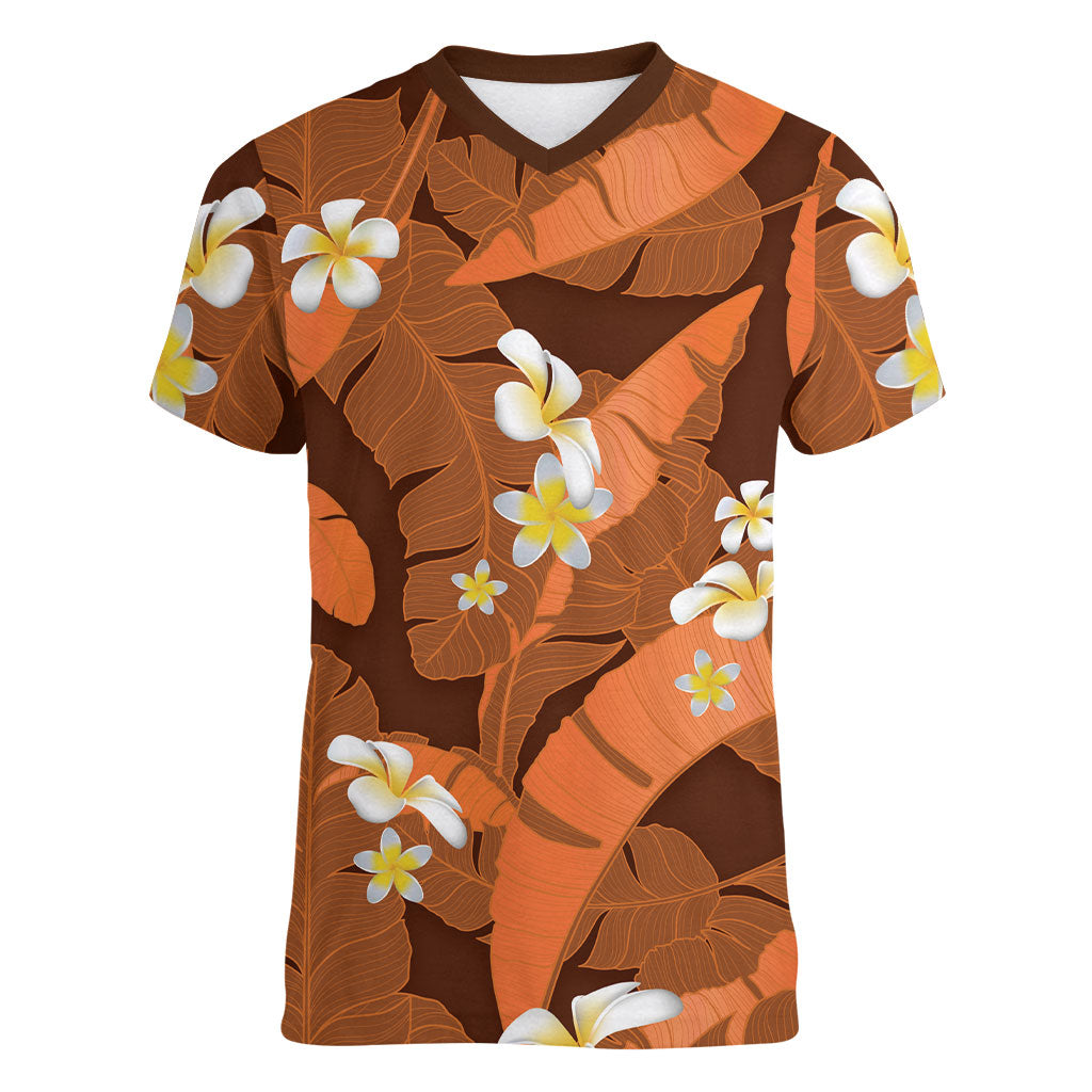 Orange Banana Leaf Hawaii Women V-Neck T-Shirt Lau Maia Plumeria Tropical Summer Vibes LT14 Female Orange - Polynesian Pride