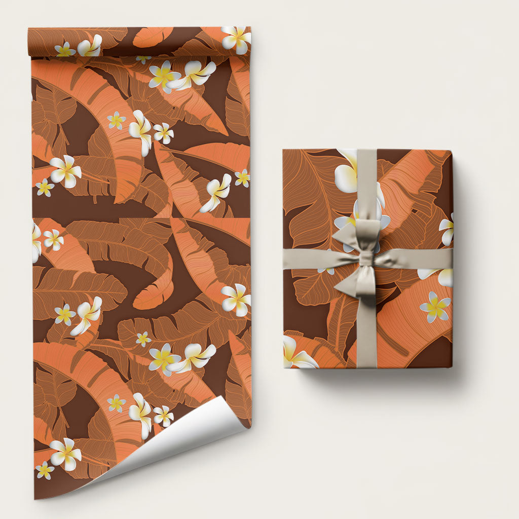 Orange Banana Leaf Hawaii Wrapping Paper Lau Maia Plumeria Tropical Summer Vibes LT14 58" × 23" Orange - Polynesian Pride