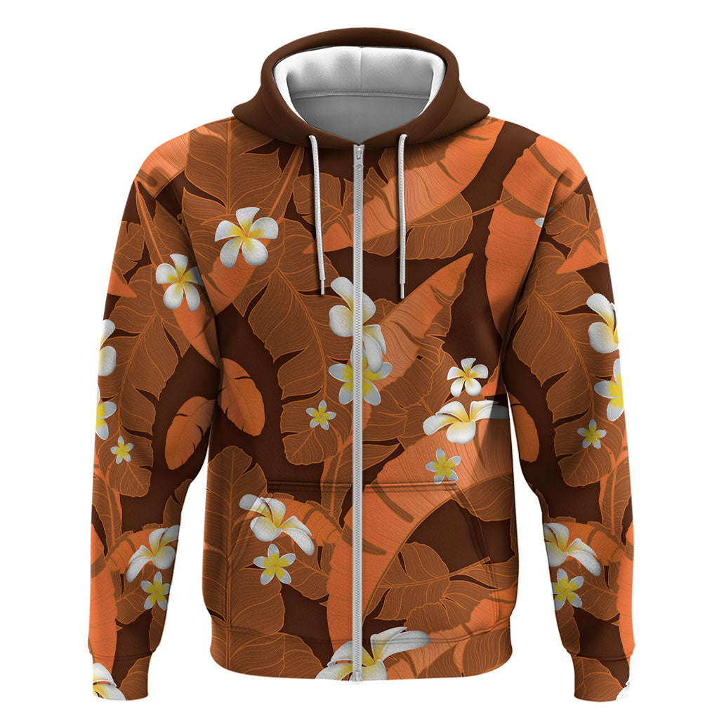 Orange Banana Leaf Hawaii Zip Hoodie Lau Maia Plumeria Tropical Summer Vibes LT14 Zip Hoodie Orange - Polynesian Pride