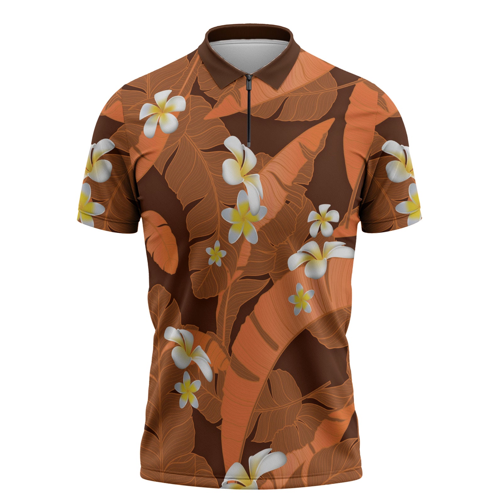 Orange Banana Leaf Hawaii Zipper Polo Shirt Lau Maia Plumeria Tropical Summer Vibes LT14 Orange - Polynesian Pride