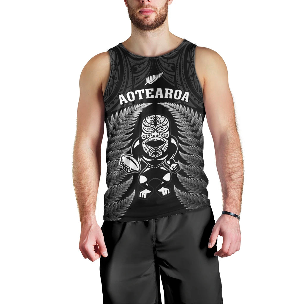 New Zealand Aotearoa Rugby Men Tank Top NZ Tiki With Maori Fern World Cup Black Version LT14 - Polynesian Pride
