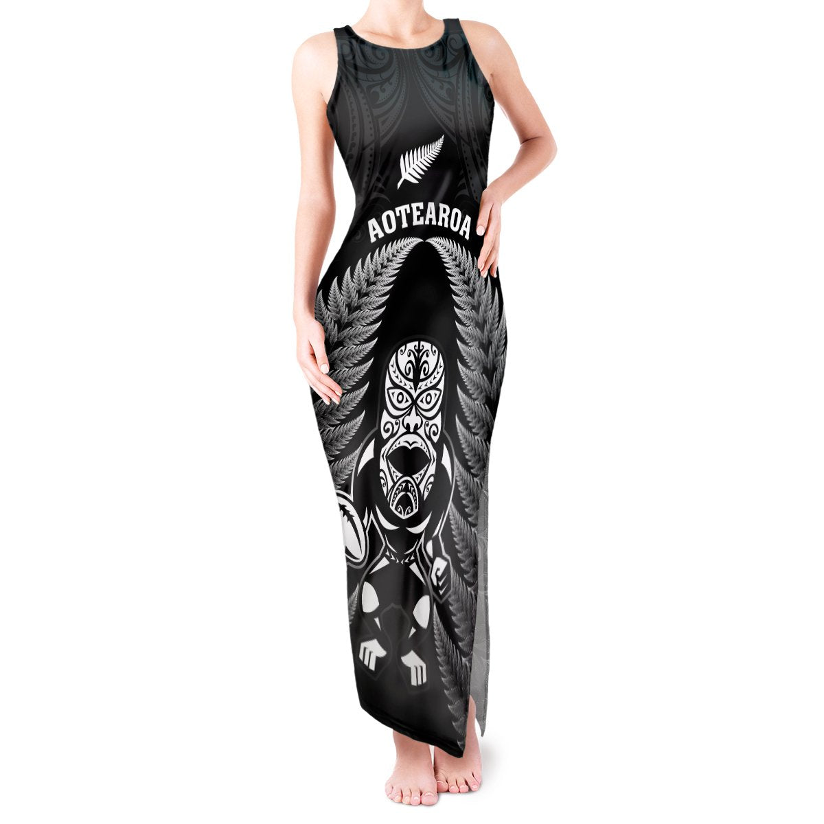 New Zealand Aotearoa Rugby Tank Maxi Dress NZ Tiki With Maori Fern World Cup Black Version LT14 Women Black - Polynesian Pride