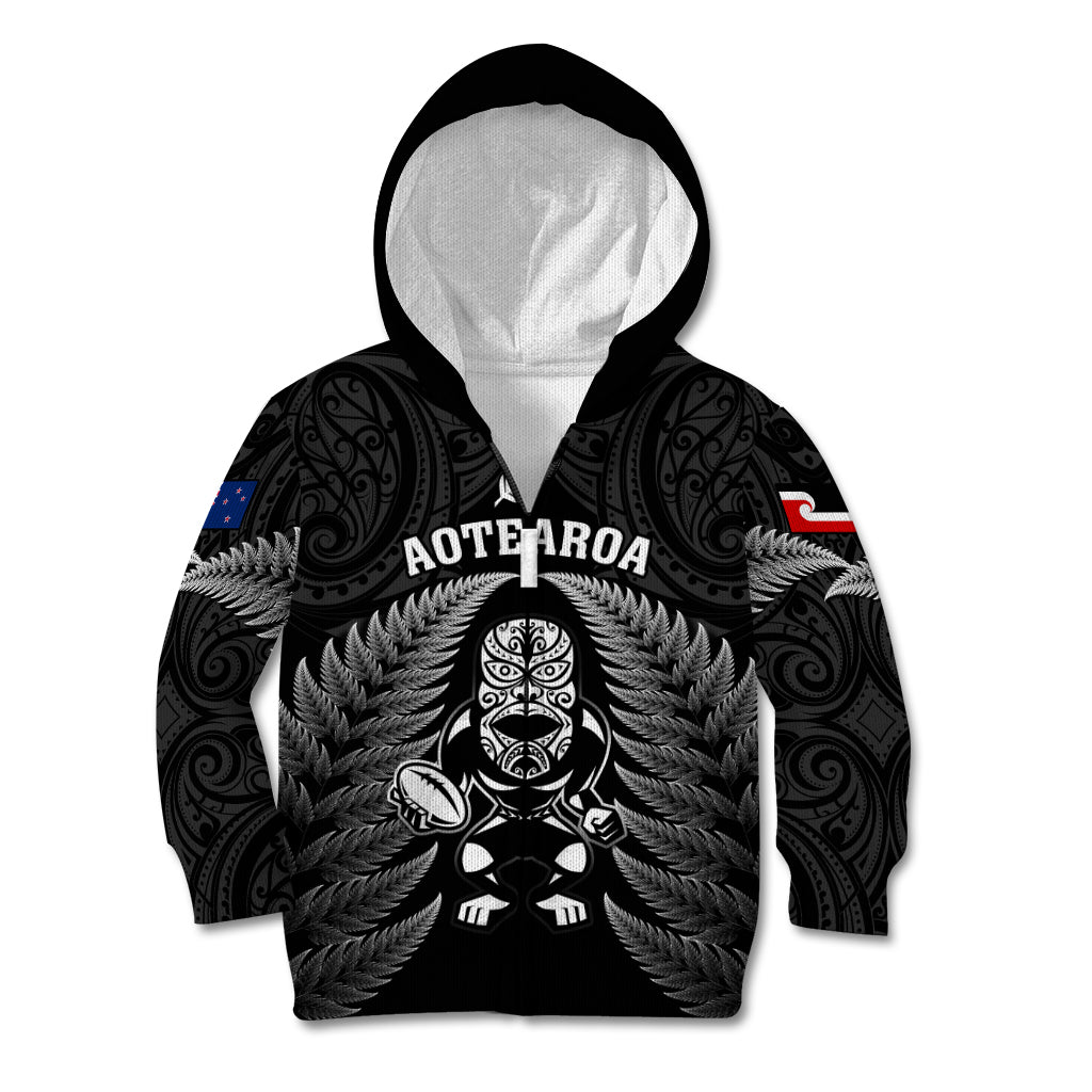Custom New Zealand Aotearoa Rugby Kid Hoodie NZ Tiki With Maori Fern World Cup Black Version LT14 - Polynesian Pride