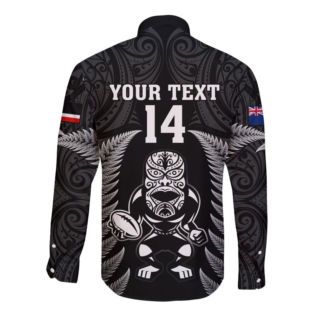 Custom New Zealand Aotearoa Rugby Long Sleeve Button Shirt NZ Tiki With Maori Fern World Cup Black Version LT14 - Polynesian Pride