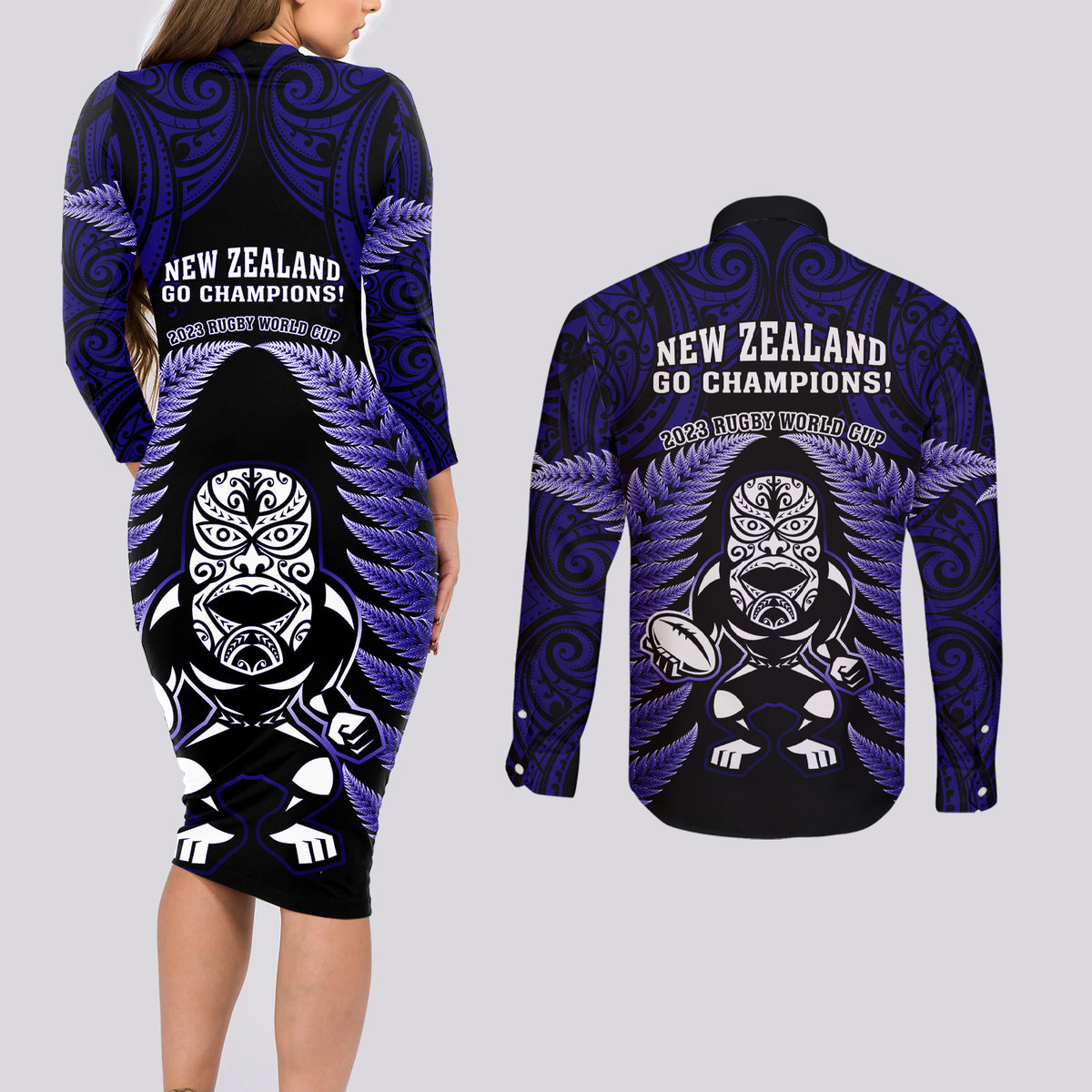 New Zealand Aotearoa Rugby Couples Matching Long Sleeve Bodycon Dress and Long Sleeve Button Shirts NZ Tiki With Maori Fern World Cup Blue Version LT14 - Polynesian Pride