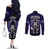 New Zealand Aotearoa Rugby Couples Matching Off The Shoulder Long Sleeve Dress and Long Sleeve Button Shirts NZ Tiki With Maori Fern World Cup Blue Version LT14 - Polynesian Pride
