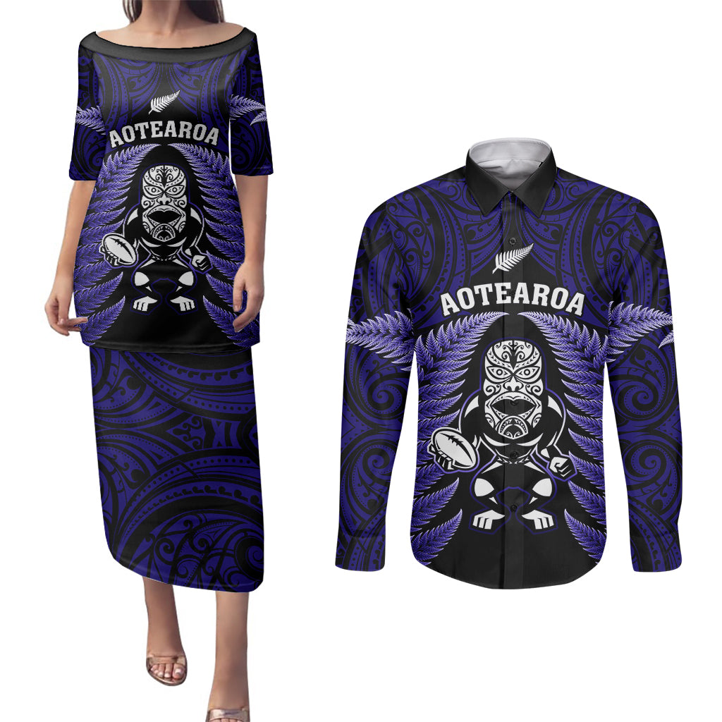 New Zealand Aotearoa Rugby Couples Matching Puletasi Dress and Long Sleeve Button Shirts NZ Tiki With Maori Fern World Cup Blue Version LT14 Blue - Polynesian Pride