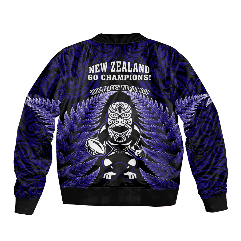 New Zealand Aotearoa Rugby Sleeve Zip Bomber Jacket NZ Tiki With Maori Fern World Cup Blue Version LT14 - Polynesian Pride