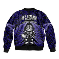 New Zealand Aotearoa Rugby Sleeve Zip Bomber Jacket NZ Tiki With Maori Fern World Cup Blue Version LT14 - Polynesian Pride