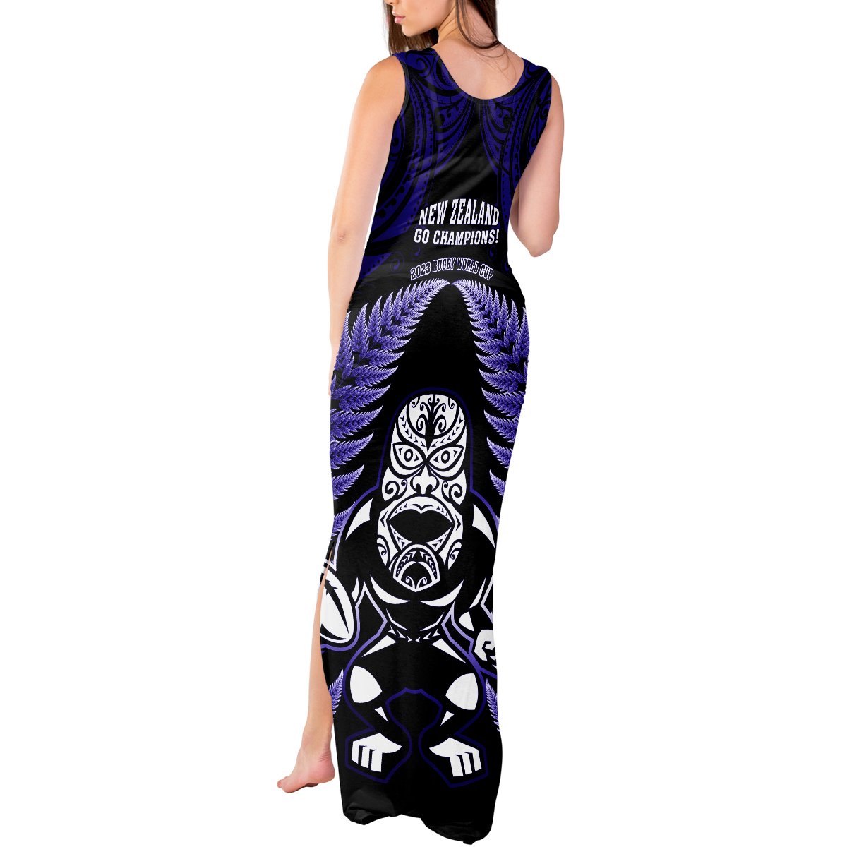 New Zealand Aotearoa Rugby Tank Maxi Dress NZ Tiki With Maori Fern World Cup Blue Version LT14 - Polynesian Pride