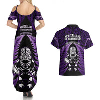 New Zealand Aotearoa Rugby Couples Matching Summer Maxi Dress and Hawaiian Shirt NZ Tiki With Maori Fern World Cup Purple Version LT14 - Polynesian Pride