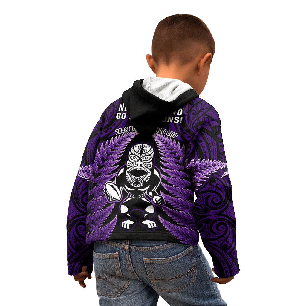New Zealand Aotearoa Rugby Kid Hoodie NZ Tiki With Maori Fern World Cup Purple Version LT14 - Polynesian Pride