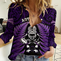 New Zealand Aotearoa Rugby Women Casual Shirt NZ Tiki With Maori Fern World Cup Purple Version LT14 Female Purple - Polynesian Pride