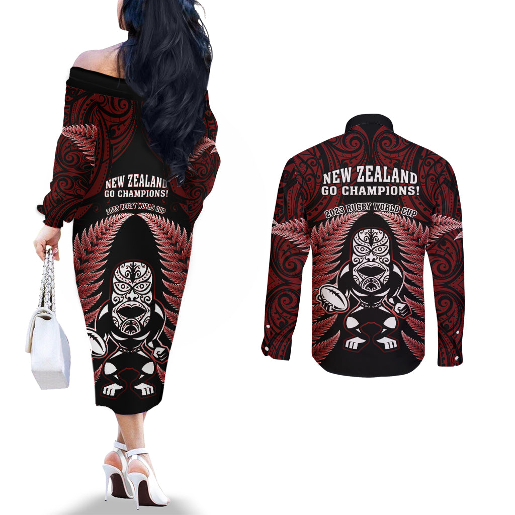 New Zealand Aotearoa Rugby Couples Matching Off The Shoulder Long Sleeve Dress and Long Sleeve Button Shirts NZ Tiki With Maori Fern World Cup Red Version LT14 - Polynesian Pride