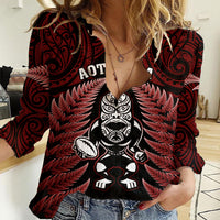 New Zealand Aotearoa Rugby Women Casual Shirt NZ Tiki With Maori Fern World Cup Red Version LT14 Female Red - Polynesian Pride