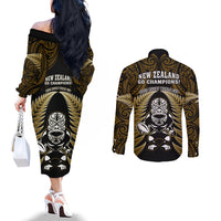 New Zealand Aotearoa Rugby Couples Matching Off The Shoulder Long Sleeve Dress and Long Sleeve Button Shirts NZ Tiki With Maori Fern World Cup Gold Version LT14 - Polynesian Pride