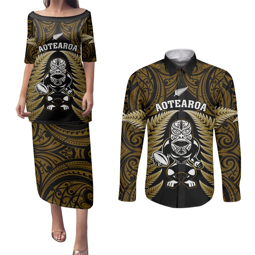 New Zealand Aotearoa Rugby Couples Matching Puletasi Dress and Long Sleeve Button Shirts NZ Tiki With Maori Fern World Cup Gold Version LT14 Gold - Polynesian Pride
