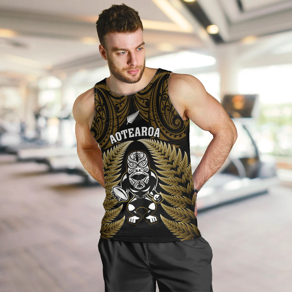 New Zealand Aotearoa Rugby Men Tank Top NZ Tiki With Maori Fern World Cup Gold Version LT14 - Polynesian Pride