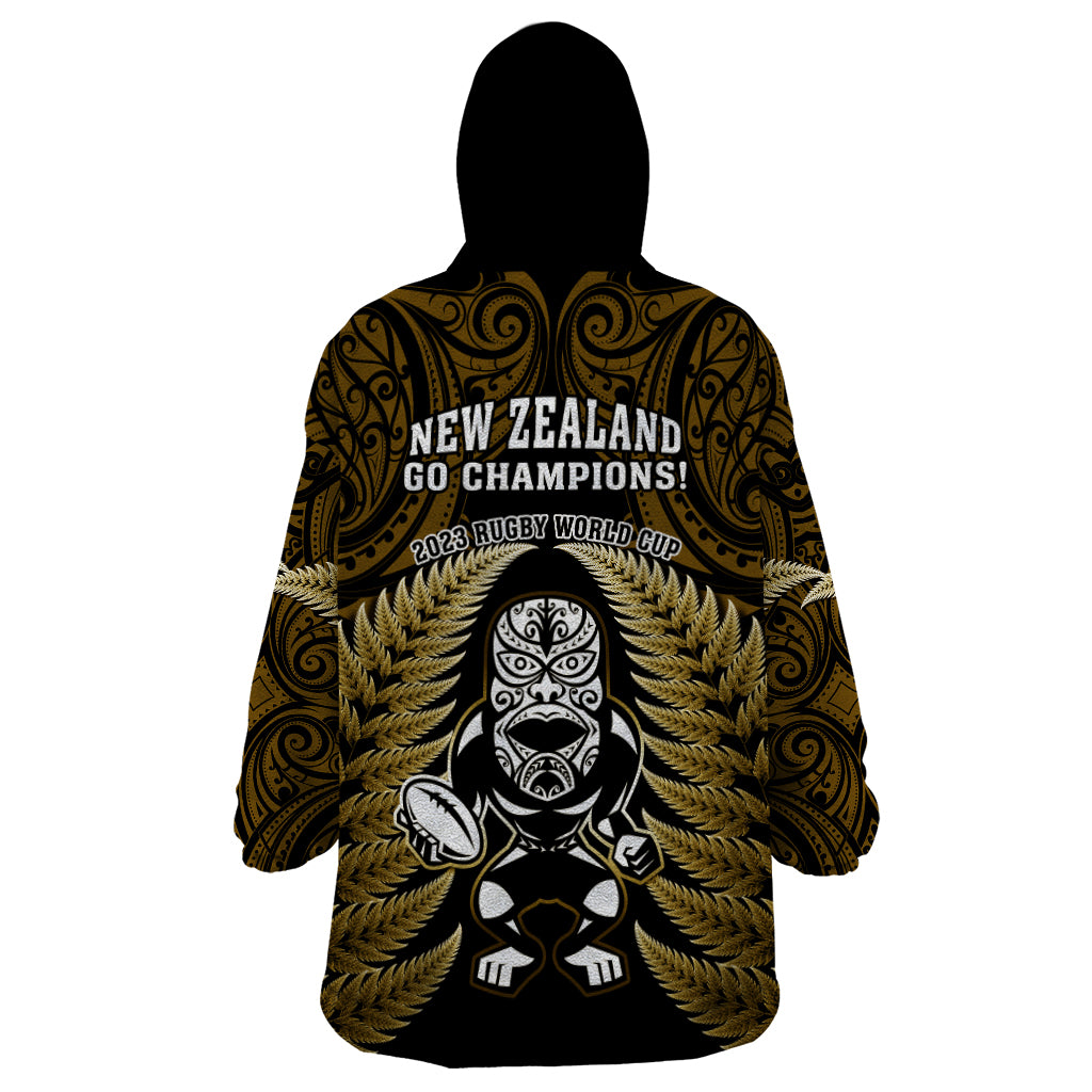 New Zealand Aotearoa Rugby Wearable Blanket Hoodie NZ Tiki With Maori Fern World Cup Gold Version LT14 - Polynesian Pride