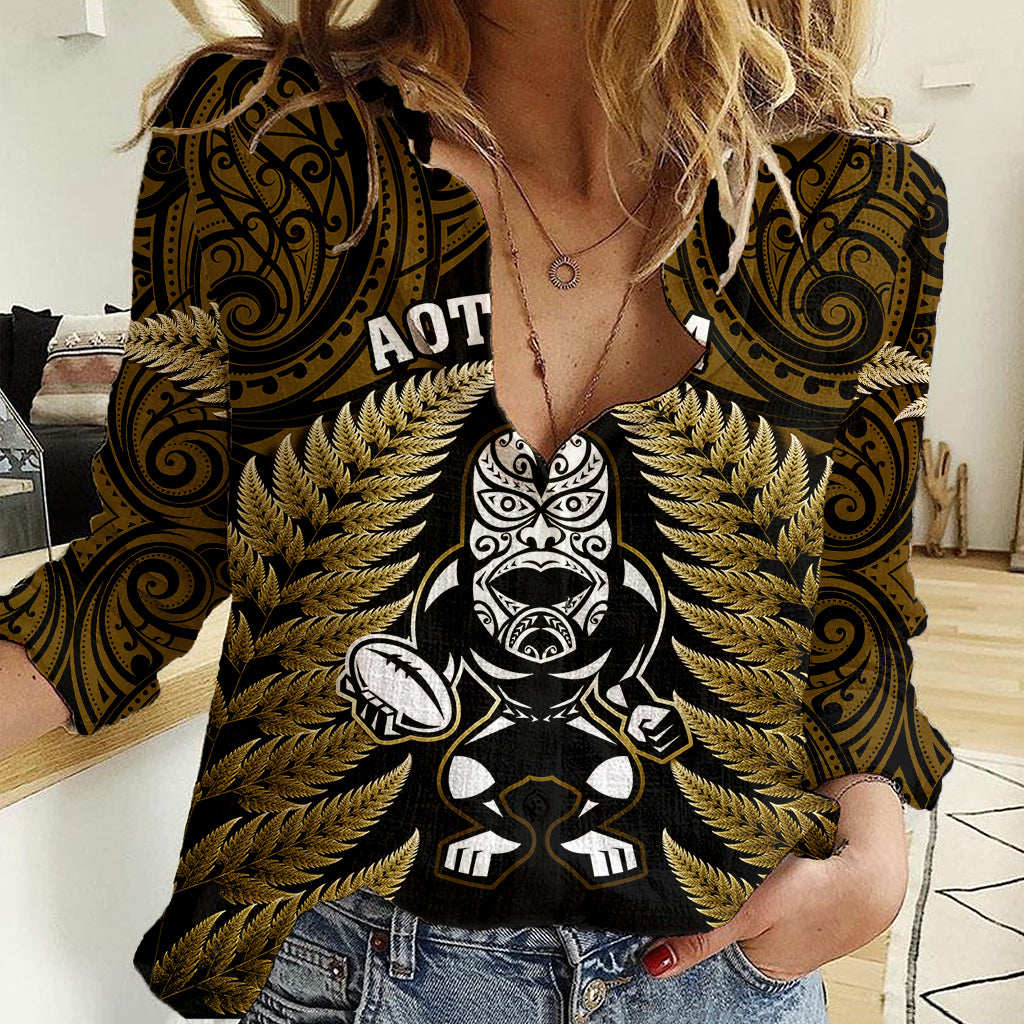 New Zealand Aotearoa Rugby Women Casual Shirt NZ Tiki With Maori Fern World Cup Gold Version LT14 Female Gold - Polynesian Pride