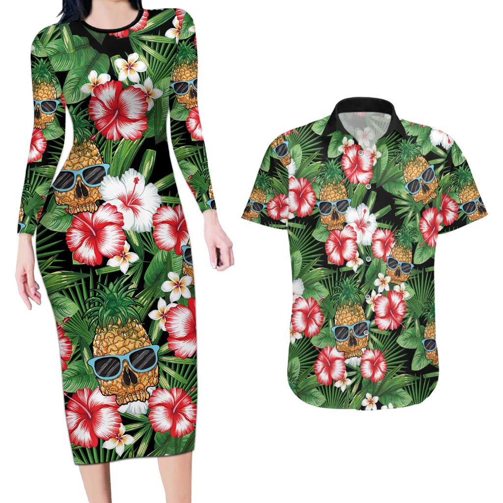 Pineapple Skull Aloha Hawaii Couples Matching Long Sleeve Bodycon Dress and Hawaiian Shirt Summer Vibes Tropical Seamless Pattern - Polynesian Pride