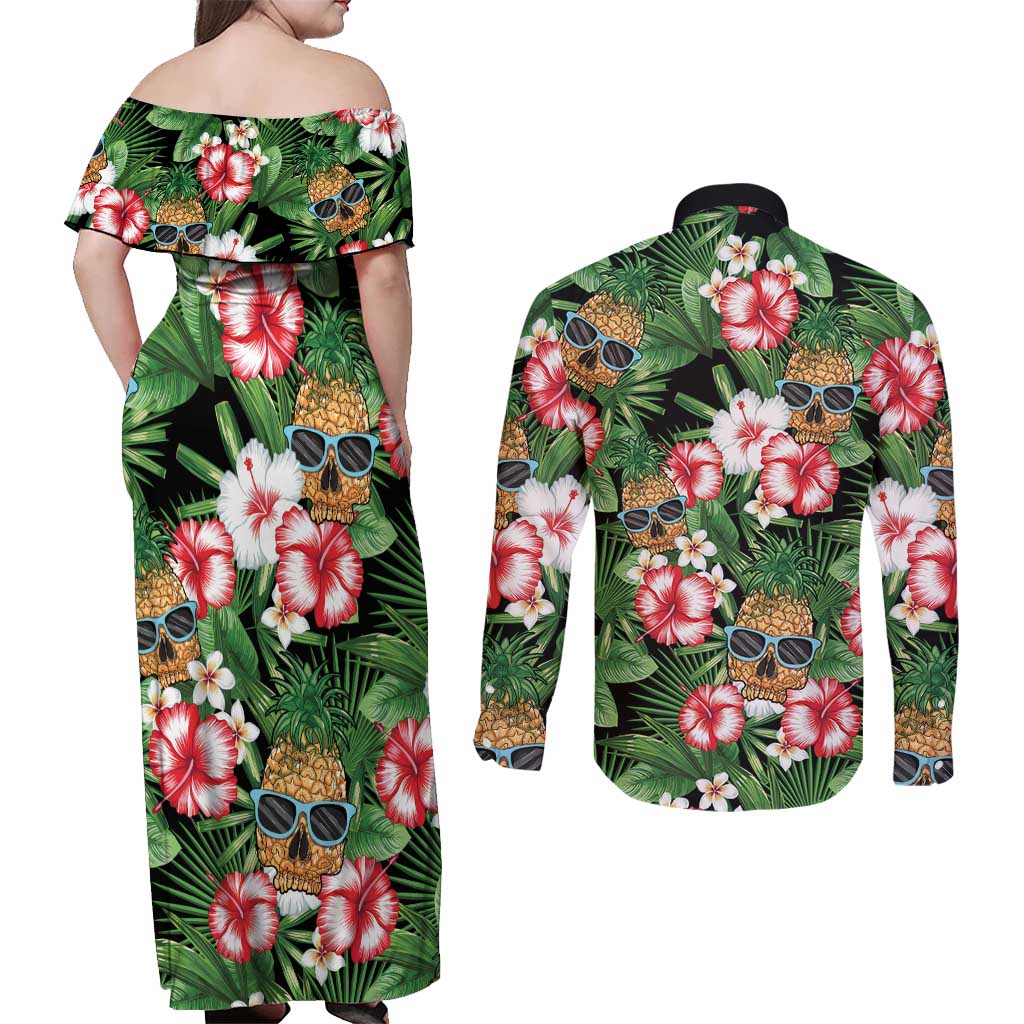Pineapple Skull Aloha Hawaii Couples Matching Off Shoulder Maxi Dress and Long Sleeve Button Shirt Summer Vibes Tropical Seamless Pattern - Polynesian Pride