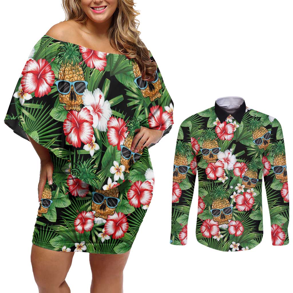 Pineapple Skull Aloha Hawaii Couples Matching Off Shoulder Short Dress and Long Sleeve Button Shirt Summer Vibes Tropical Seamless Pattern LT14 Black - Polynesian Pride