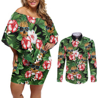 Pineapple Skull Aloha Hawaii Couples Matching Off Shoulder Short Dress and Long Sleeve Button Shirt Summer Vibes Tropical Seamless Pattern LT14 Black - Polynesian Pride