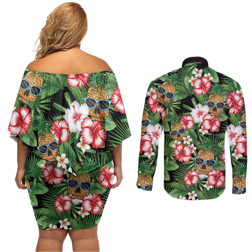 Pineapple Skull Aloha Hawaii Couples Matching Off Shoulder Short Dress and Long Sleeve Button Shirt Summer Vibes Tropical Seamless Pattern LT14 - Polynesian Pride