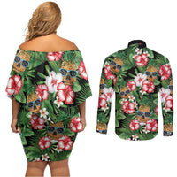 Pineapple Skull Aloha Hawaii Couples Matching Off Shoulder Short Dress and Long Sleeve Button Shirt Summer Vibes Tropical Seamless Pattern LT14 - Polynesian Pride