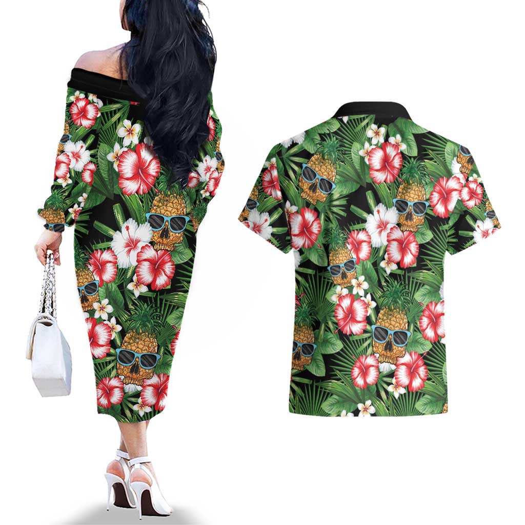 Pineapple Skull Aloha Hawaii Couples Matching Off The Shoulder Long Sleeve Dress and Hawaiian Shirt Summer Vibes Tropical Seamless Pattern LT14 - Polynesian Pride